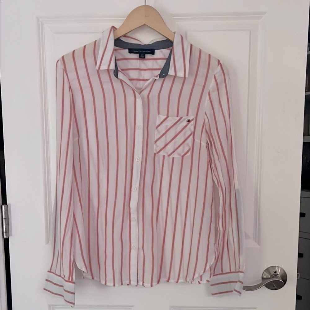 Tommy Hilfiger Cotton Striped Button-Up Shirt pink white sheer shirt size small